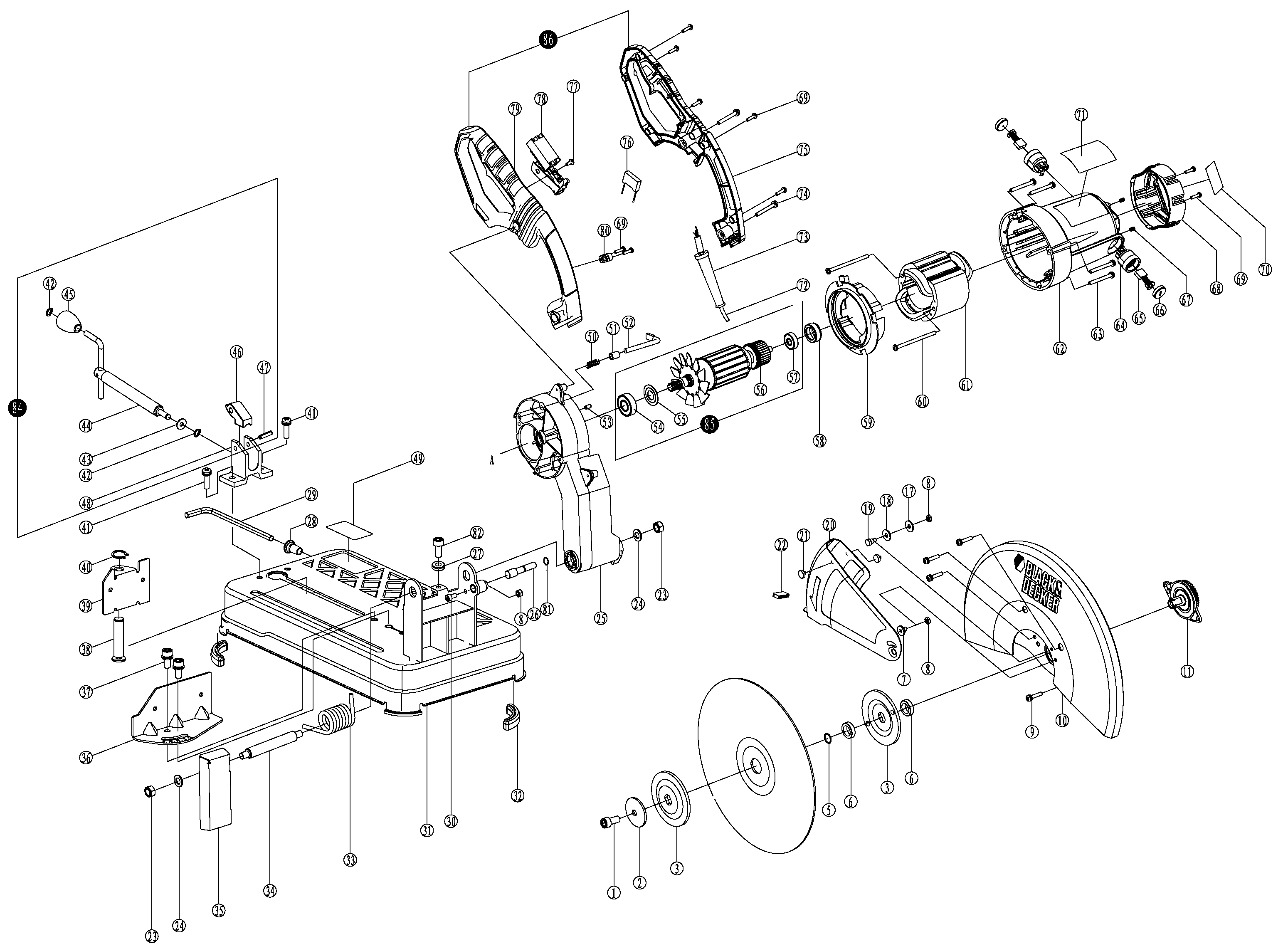 Default Diagram and Parts List for CS2001-B2C Type 1 Black and Decker Chop Saw